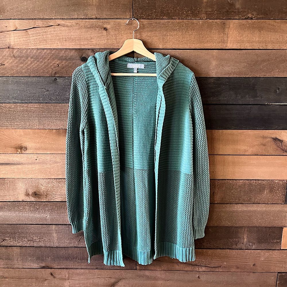 Modern Open Knit Green Marled Women’s Hooded Cardigan Sweater